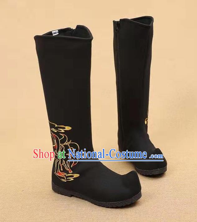 Traditional Chinese Embroidered Nine Tailed Fox Black Boots Kung Fu Boots Opera Shoes Hanfu Shoes for Women