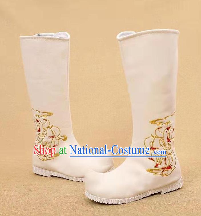 Traditional Chinese Embroidered Nine Tailed Fox White Boots Kung Fu Boots Opera Shoes Hanfu Shoes for Women