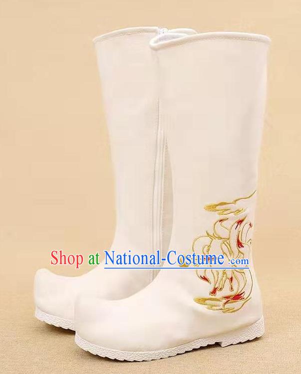 Traditional Chinese Embroidered Nine Tailed Fox White Boots Kung Fu Boots Opera Shoes Hanfu Shoes for Women