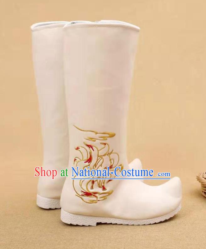 Traditional Chinese Embroidered Nine Tailed Fox White Boots Kung Fu Boots Opera Shoes Hanfu Shoes for Women