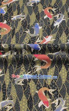 Chinese Classical Carps Pattern Design Black Brocade Fabric Asian Traditional Hanfu Satin Material