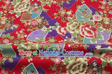 Chinese Classical Peony Fan Pattern Design Red Brocade Fabric Asian Traditional Hanfu Satin Material