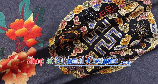 Chinese Classical Dragon Peony Pattern Design Navy Silk Fabric Asian Traditional Hanfu Mulberry Silk Material