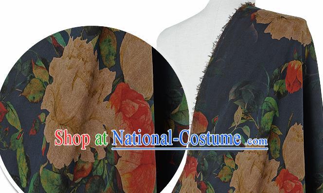 Chinese Classical Hibiscus Pattern Design Navy Silk Fabric Asian Traditional Hanfu Mulberry Silk Material