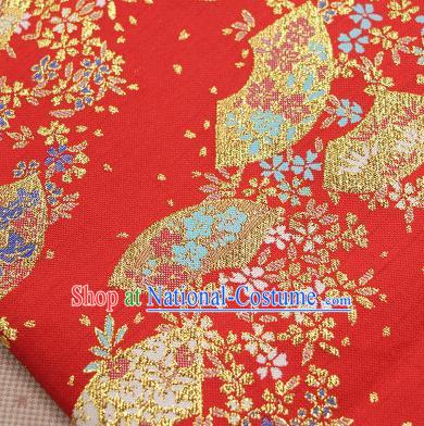 Asian Japanese Traditional Sakura Fan Pattern Design Red Brocade Fabric Tapestry Satin