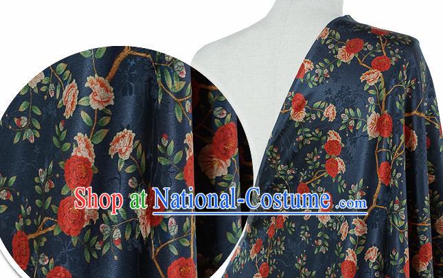 Chinese Classical Roses Pattern Design Navy Silk Fabric Asian Traditional Hanfu Mulberry Silk Material