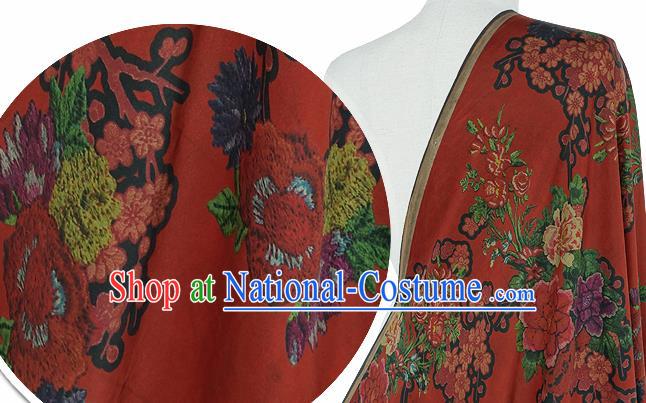 Chinese Classical Peony Plum Pattern Design Rust Red Silk Fabric Asian Traditional Hanfu Mulberry Silk Material