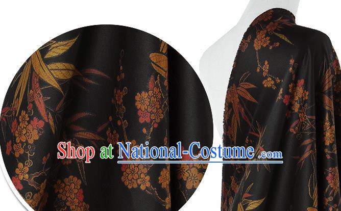 Chinese Classical Bamboo Plum Pattern Design Black Silk Fabric Asian Traditional Hanfu Mulberry Silk Material