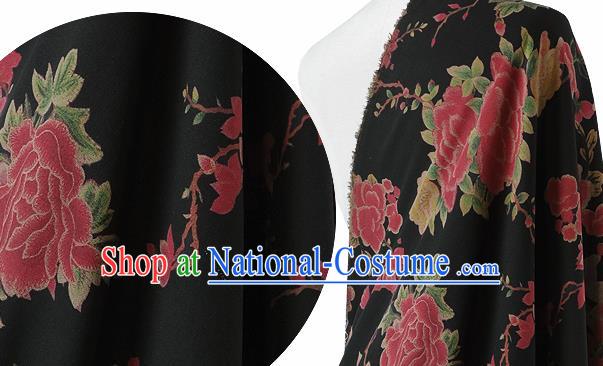 Chinese Classical Peony Magnolia Pattern Design Black Silk Fabric Asian Traditional Hanfu Mulberry Silk Material