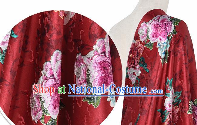 Chinese Classical Cloud Peony Pattern Design Red Silk Fabric Asian Traditional Hanfu Mulberry Silk Material