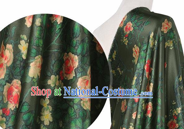 Chinese Classical Roses Pattern Design Atrovirens Silk Fabric Asian Traditional Hanfu Mulberry Silk Material