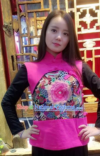 Traditional Chinese Rosy Flax Vest National Embroidered Peony Waistcoat Costume for Women