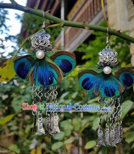 Traditional Chinese Handmade Peacock Feather Earrings National Ear Accessories for Women