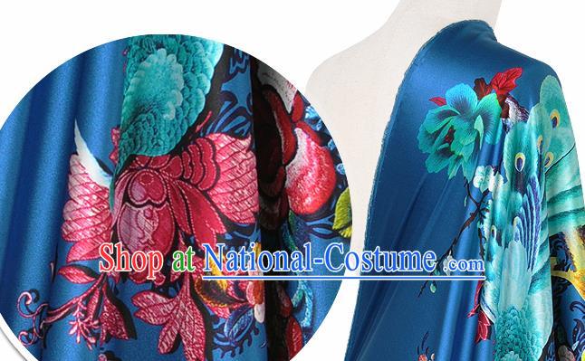 Chinese Classical Peacock Peony Pattern Design Royalblue Silk Fabric Asian Traditional Hanfu Mulberry Silk Material