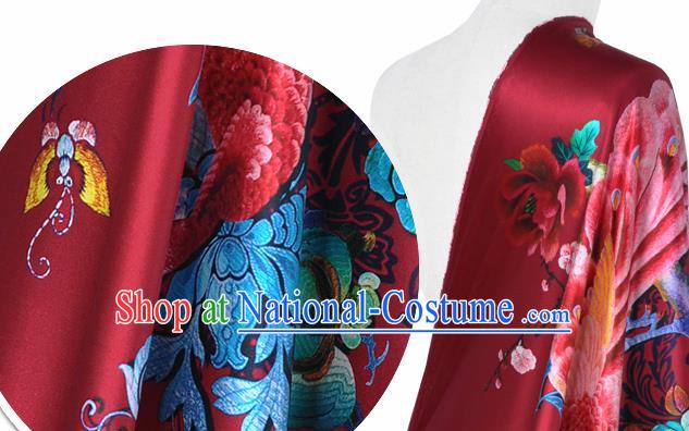 Chinese Classical Peacock Peony Pattern Design Red Silk Fabric Asian Traditional Hanfu Mulberry Silk Material