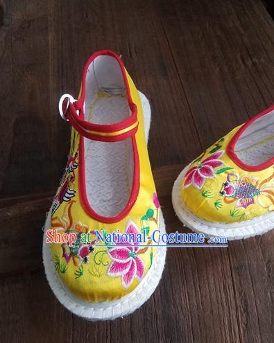 Traditional Chinese Ethnic Embroidered Flower Yellow Satin Shoes National Shoes Hanfu Shoes for Women