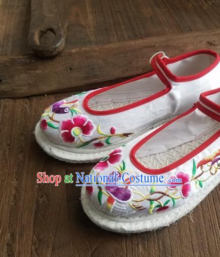 Traditional Chinese Ethnic Embroidered Flower White Satin Shoes National Shoes Hanfu Shoes for Women