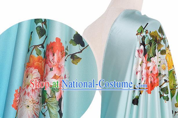 Chinese Classical Flowers Pattern Design Light Blue Silk Fabric Asian Traditional Hanfu Mulberry Silk Material