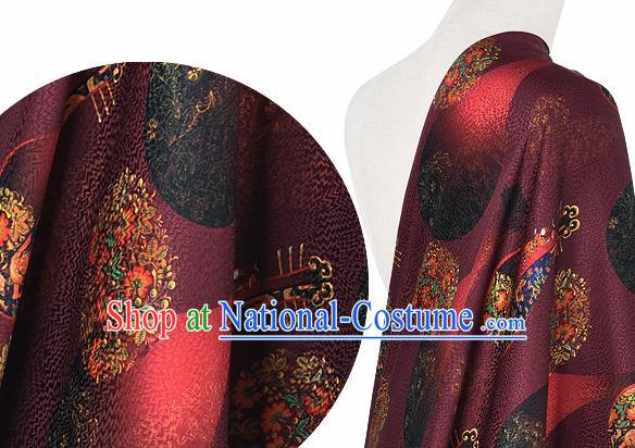 Chinese Classical Flowers Lute Pattern Design Purple Silk Fabric Asian Traditional Hanfu Mulberry Silk Material