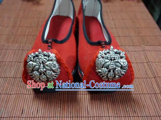 Traditional Chinese Handmade Ethnic Miao Silver Butterfly Red Shoes Yunnan National Shoes Wedding Shoes for Women