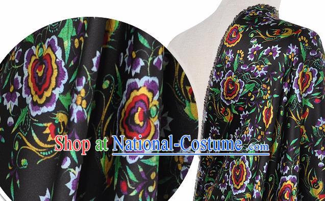 Chinese Classical Phoenix Flowers Pattern Design Black Silk Fabric Asian Traditional Hanfu Mulberry Silk Material