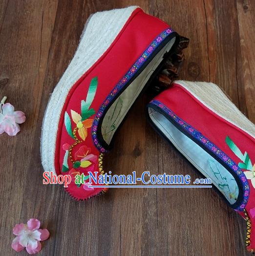 Traditional Chinese Embroidered Red Wedge Shoes National Ethnic Shoes Hanfu Shoes for Women