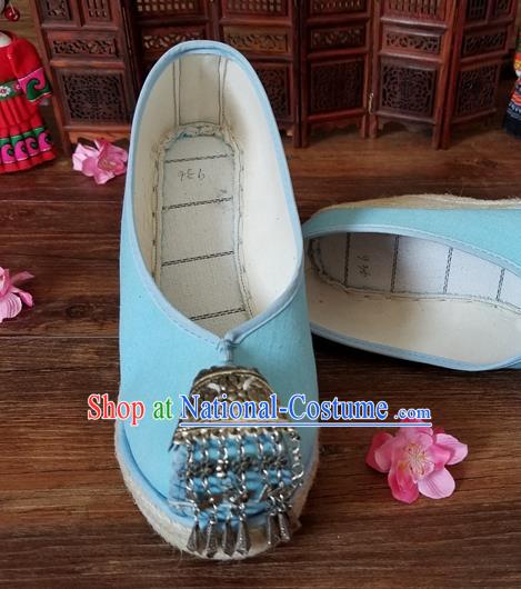 Traditional Chinese Handmade Ethnic Bride Light Blue Shoes Yunnan National Silver Tassel Shoes Wedding Shoes for Women