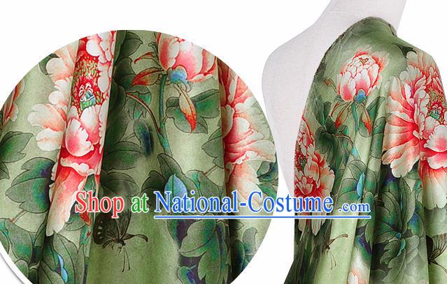 Chinese Classical Peony Pattern Design Light Green Silk Fabric Asian Traditional Hanfu Mulberry Silk Material