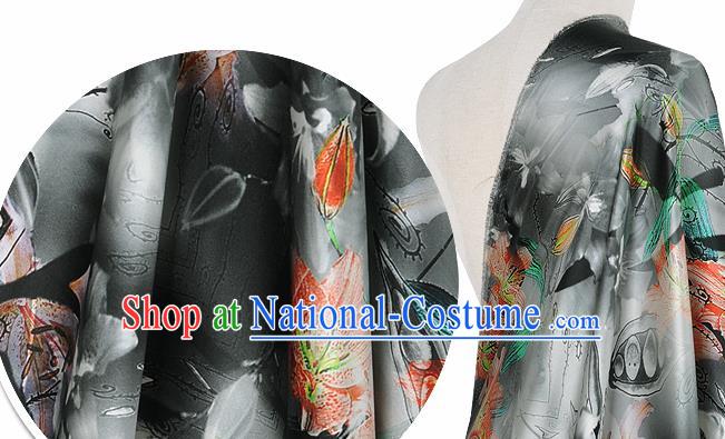 Chinese Classical Lily Flowers Pattern Design Grey Silk Fabric Asian Traditional Hanfu Mulberry Silk Material