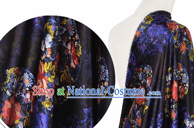 Chinese Classical Peony Chrysanthemum Pattern Design Black Silk Fabric Asian Traditional Hanfu Mulberry Silk Material