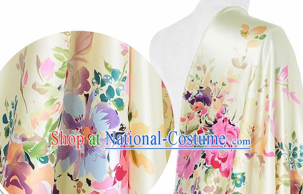 Chinese Classical Flowers Pattern Design Light Yellow Silk Fabric Asian Traditional Hanfu Mulberry Silk Material