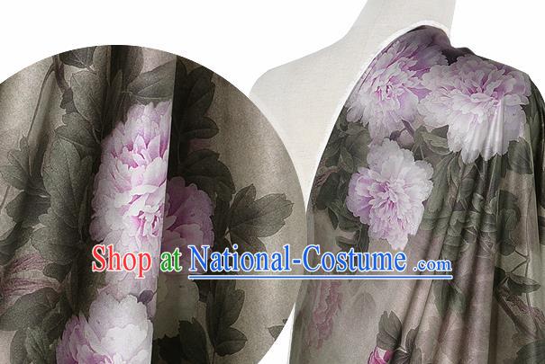 Chinese Classical Peony Flowers Pattern Design Grey Silk Fabric Asian Traditional Hanfu Mulberry Silk Material