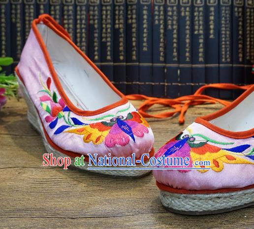 Traditional Chinese Embroidered Butterfly Pink Wedge Shoes National Wedding Shoes Hanfu Shoes for Women