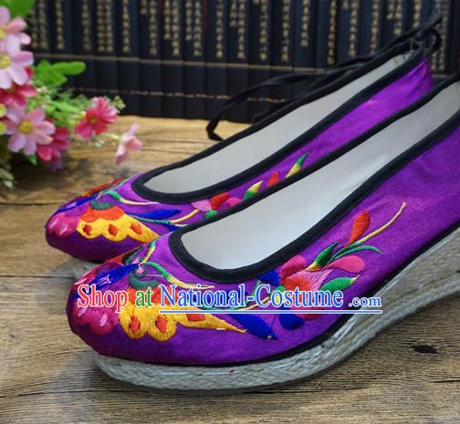 Traditional Chinese Embroidered Butterfly Purple Wedge Shoes National Wedding Shoes Hanfu Shoes for Women