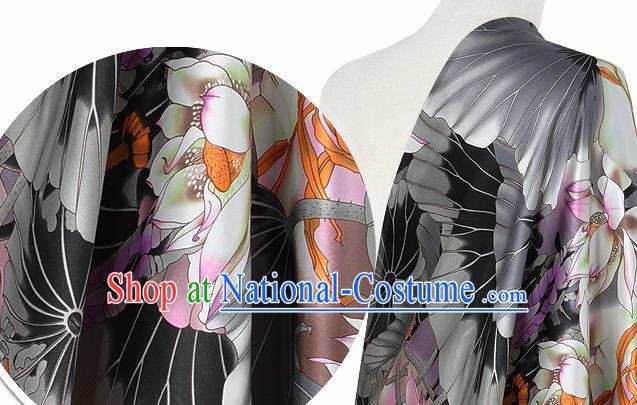 Chinese Classical Lotus Pattern Design Grey Silk Fabric Asian Traditional Hanfu Mulberry Silk Material