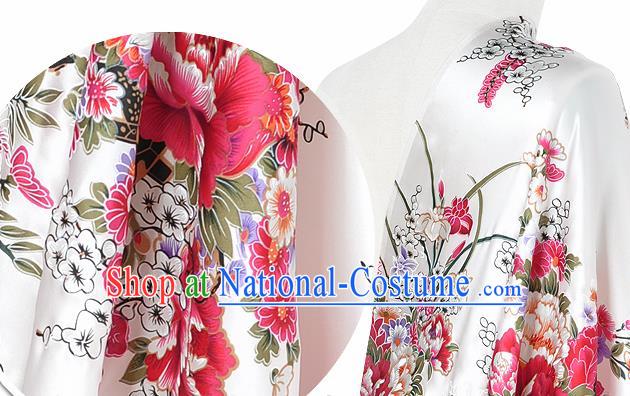 Chinese Classical Orchid Peony Pattern Design White Silk Fabric Asian Traditional Hanfu Mulberry Silk Material