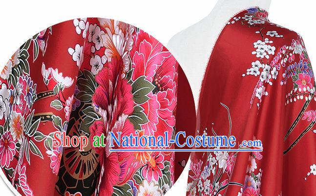 Chinese Classical Orchid Peony Pattern Design Red Silk Fabric Asian Traditional Hanfu Mulberry Silk Material