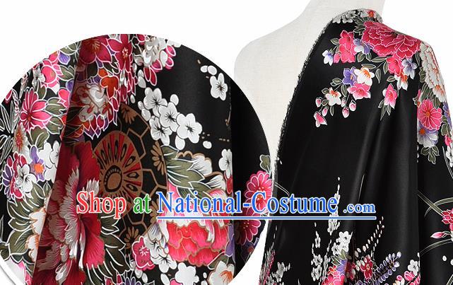 Chinese Classical Orchid Peony Pattern Design Black Silk Fabric Asian Traditional Hanfu Mulberry Silk Material