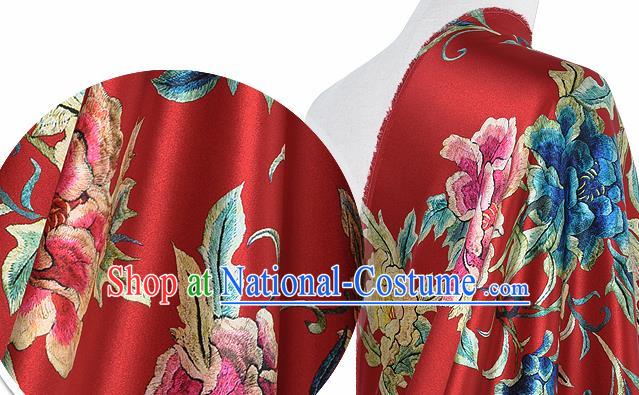 Chinese Classical Peony Pattern Design Red Silk Fabric Asian Traditional Hanfu Mulberry Silk Material