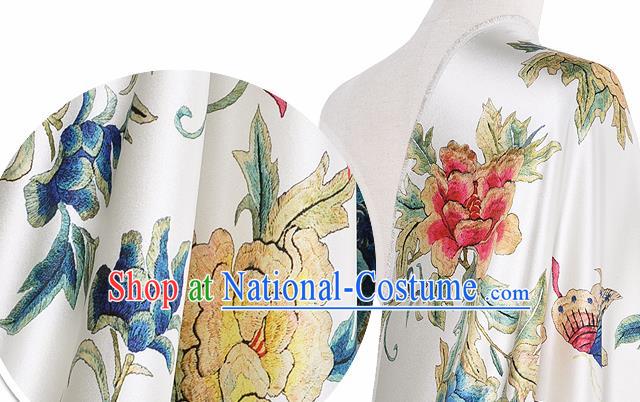 Chinese Classical Peony Pattern Design White Silk Fabric Asian Traditional Hanfu Mulberry Silk Material