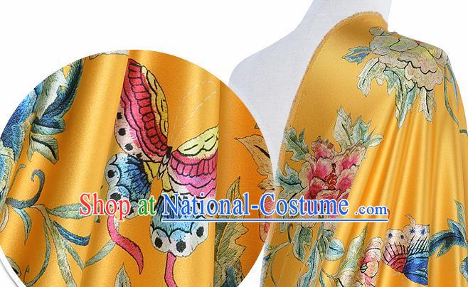 Chinese Classical Peony Pattern Design Yellow Silk Fabric Asian Traditional Hanfu Mulberry Silk Material