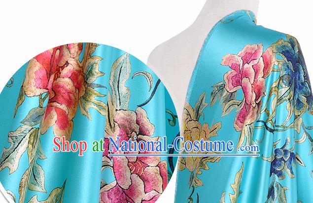 Chinese Classical Peony Pattern Design Blue Silk Fabric Asian Traditional Hanfu Mulberry Silk Material