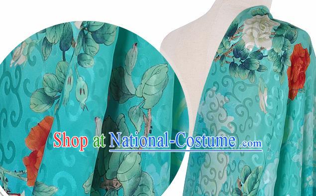 Chinese Classical Hibiscus Pattern Design Blue Silk Fabric Asian Traditional Hanfu Mulberry Silk Material