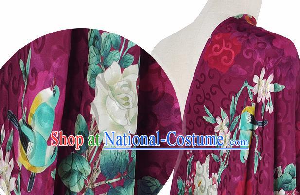 Chinese Classical Hibiscus Pattern Design Purple Silk Fabric Asian Traditional Hanfu Mulberry Silk Material