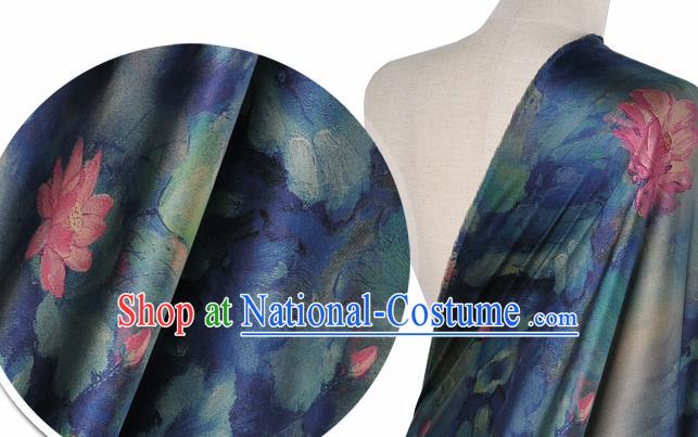 Chinese Classical Lotus Pattern Design Navy Silk Fabric Asian Traditional Hanfu Mulberry Silk Material