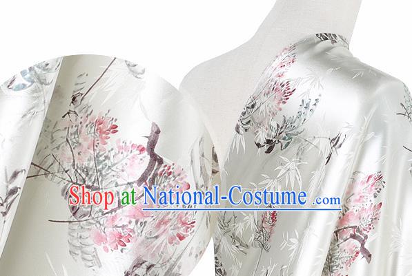 Chinese Classical Bamboo Leaf Pattern Design White Silk Fabric Asian Traditional Hanfu Mulberry Silk Material