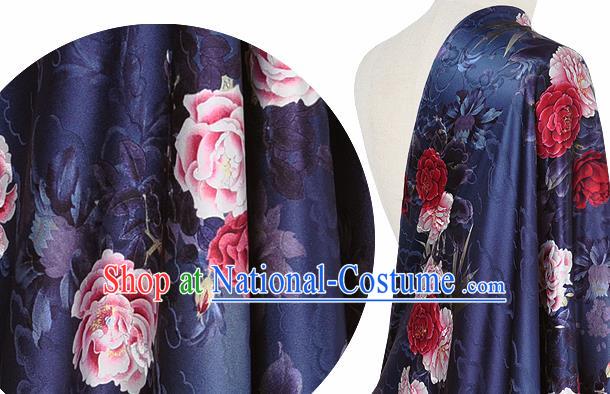 Chinese Classical Cloud Peony Pattern Design Navy Silk Fabric Asian Traditional Hanfu Mulberry Silk Material