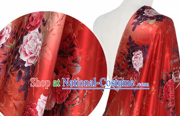 Chinese Classical Cloud Peony Pattern Design Red Silk Fabric Asian Traditional Hanfu Mulberry Silk Material