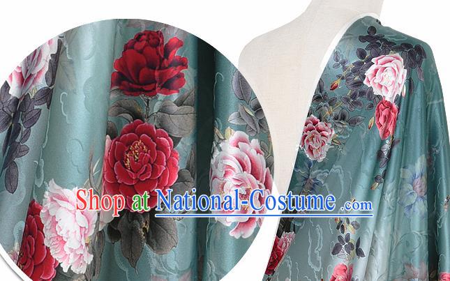 Chinese Classical Cloud Peony Pattern Design Green Silk Fabric Asian Traditional Hanfu Mulberry Silk Material