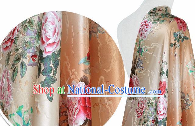 Chinese Classical Cloud Peony Pattern Design Beige Silk Fabric Asian Traditional Hanfu Mulberry Silk Material